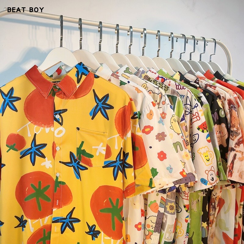 Japanese-Style Fun Tomato All-Over Dopamine Print Short-Sleeve Shirt for Men and Women, Summer Hawaiian Beach Vacation Style Floral Shirt