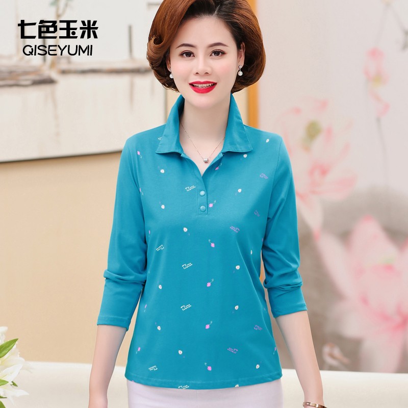 Middle-aged and elderly long-sleeved inner wear outer wear T-shirt autumn clothes mother wear cotton top middle-aged women's cotton polo shirt