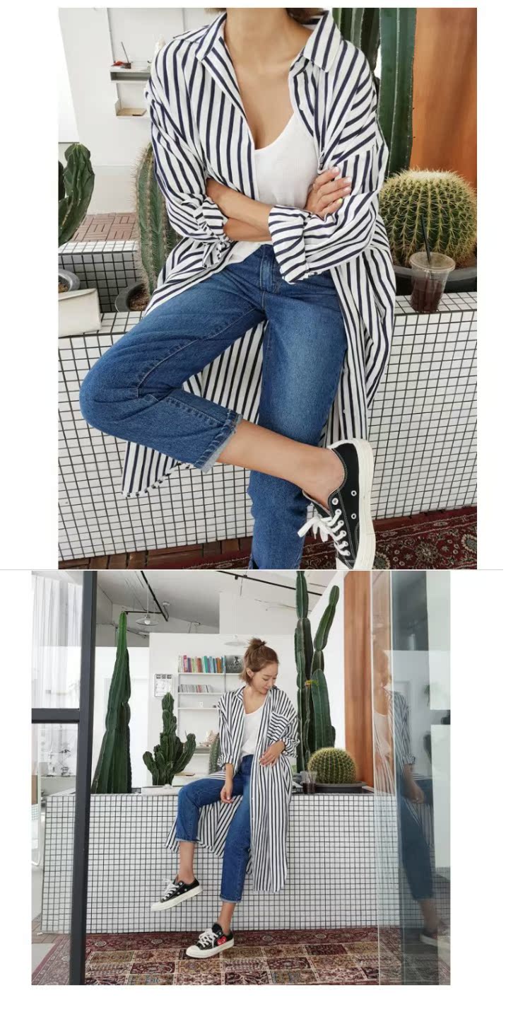 Phiên bản Hàn Quốc của mùa xuân và mùa thu mới rộng kích thước lớn trên áo sơ mi sọc đầu gối nữ dài phần áo sơ mi dài tay sơ mi dài tay áo sơ mi nữ cao cấp hàng hiệu
