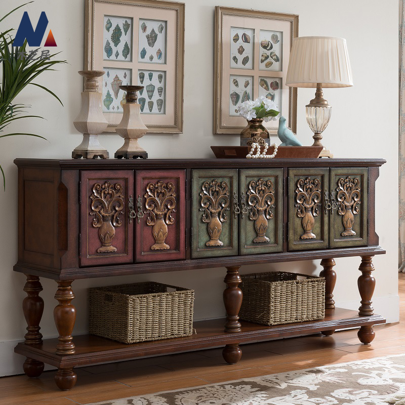 American-style solid wood sideboard Mediterranean retro painted wine cabinet integrated against the wall living room kitchen porch tea cabinet