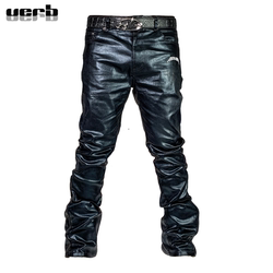 DOUBLEHIT coated wax surface punk micro-flare zipper accumulation ໂສ້ງຫນັງຂອງຜູ້ຊາຍ ແລະແມ່ຍິງ niche street hip-hop VERB