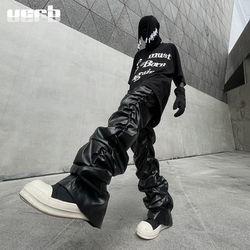 TRB punk hip-hop pleated niche loose slimming stacked glossy PU leather pants trousers men and women street VERB