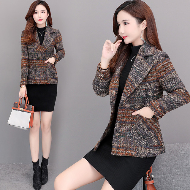 Spring and Autumn Woolen Coat Women's Short 2024 Spring and Autumn New Thick Small Short Plover Plaid Woolen Coat