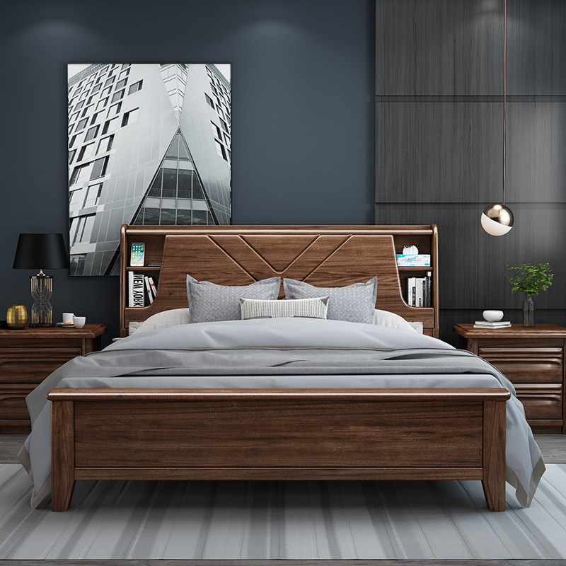Walnut wood bed light luxury 1.8m Nordic double bed 1.5 master bedroom modern simple Chinese storage wedding bed