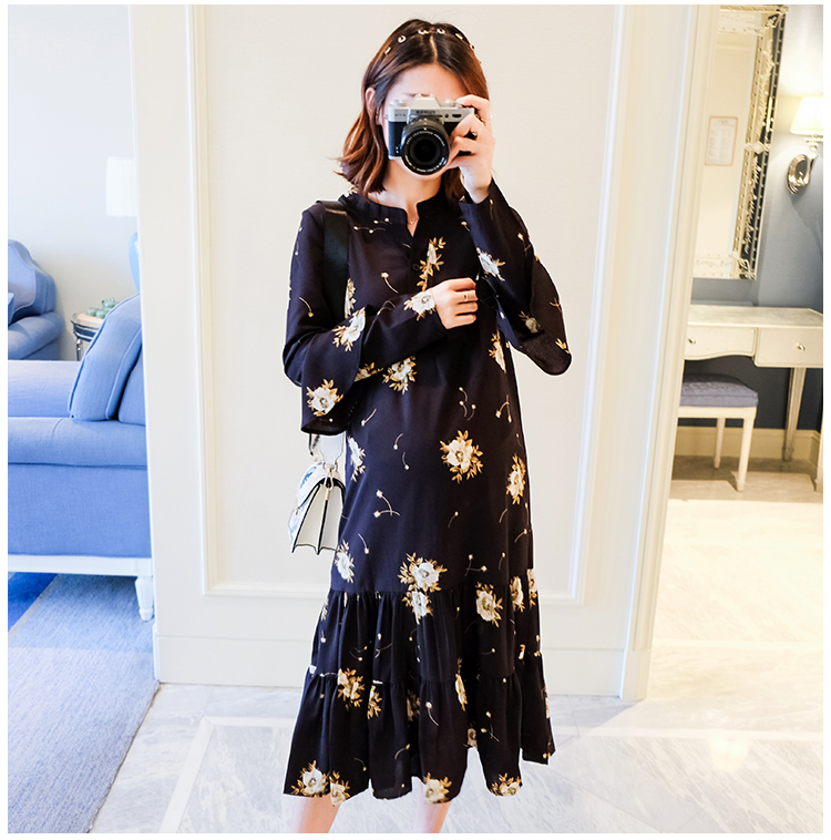 Ưu đãi đặc biệt cho bà bầu mùa thu đầm dài 3-9 tháng xuân và mùa thu hot mom áo dài tay voan đầm bầu cao cấp