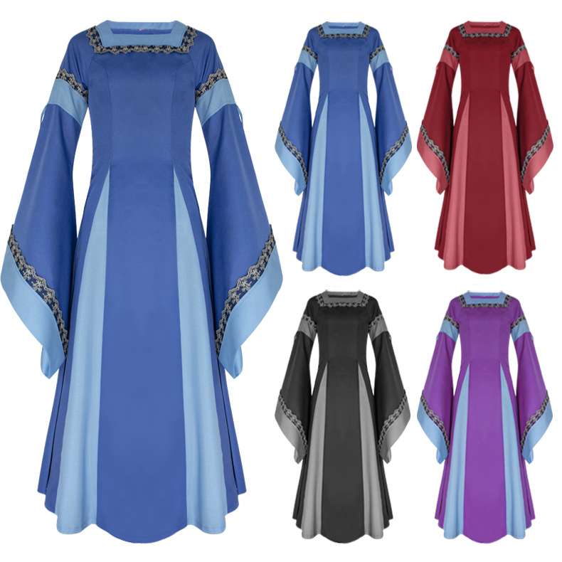1920 square collar Long sleeves trumpeter sleeves Long version of the medieval women's palace Costume Stage Opera Drama
