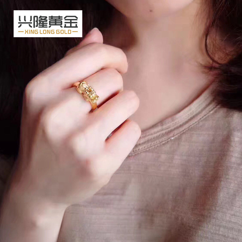 兴隆黄金3D硬金足金999貔貅戒指小巧女神招财进宝女款纯黄金戒指