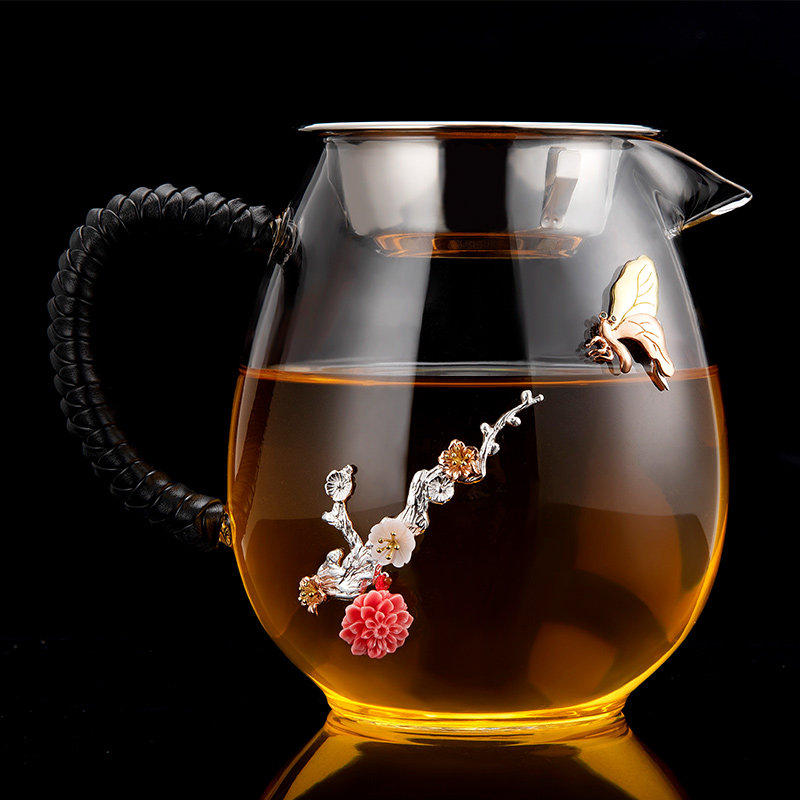 Heat-resistant silver inlaid fair cup thickened glass male cup with tea leak plum blossom tea divider tea sea large-capacity tea ceremony accessories