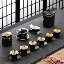 Gift kung fu tea set home office retro simple Chinese style high grade 999 sterling silver ceramic tea set gift box