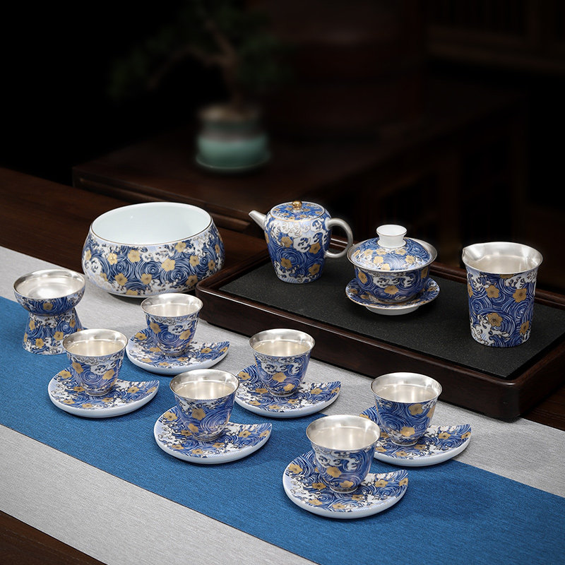 Jingdezhen high-end gift teapot set Kung Fu tea set 999 sterling silver ceramic tea set home living room