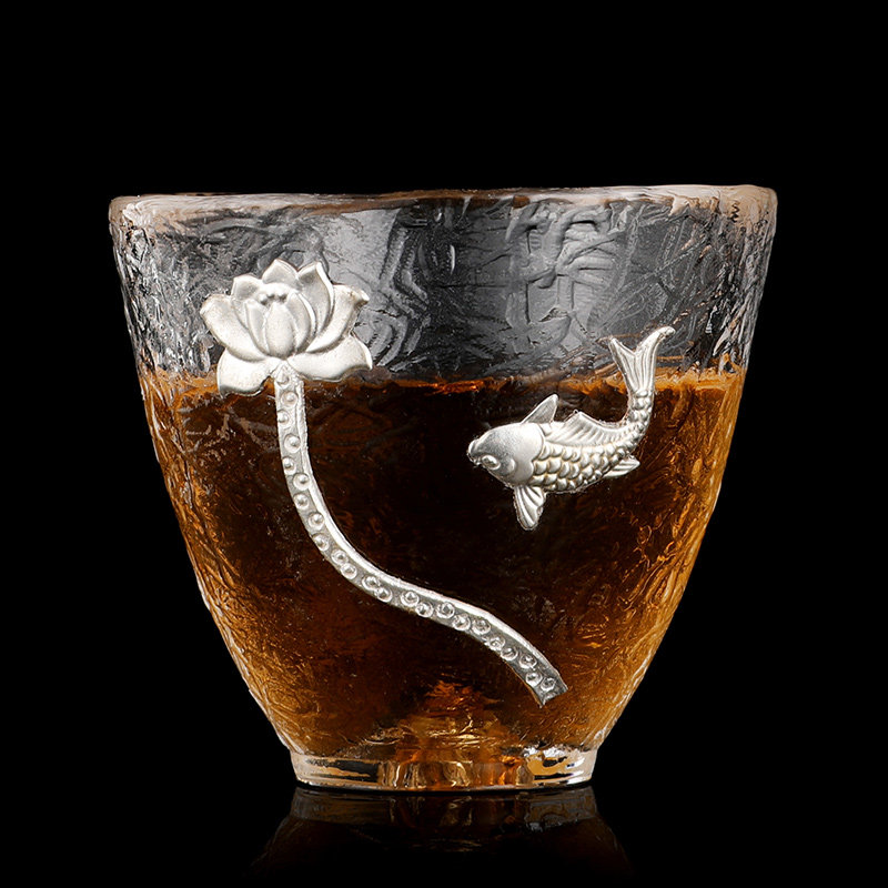Glass inlaid silver teacup silverfish cup sterling silver tea cup tea bowl master cup single cup kung fu tea set personal single cup
