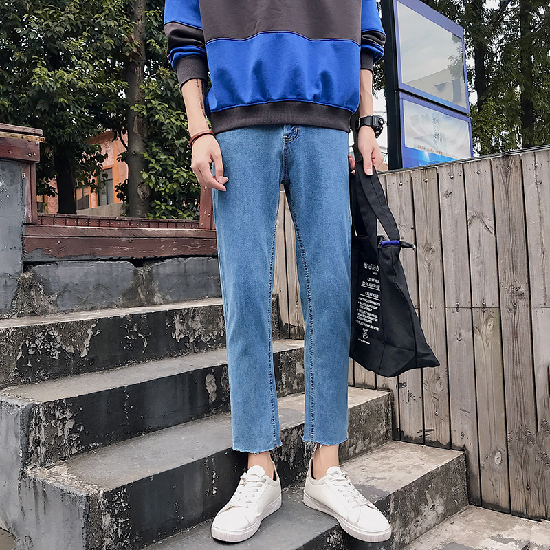 Summer ins boy port Wind 90% jeans Men's pants loose straight cylinder Korean version trendy wool side 9 pants