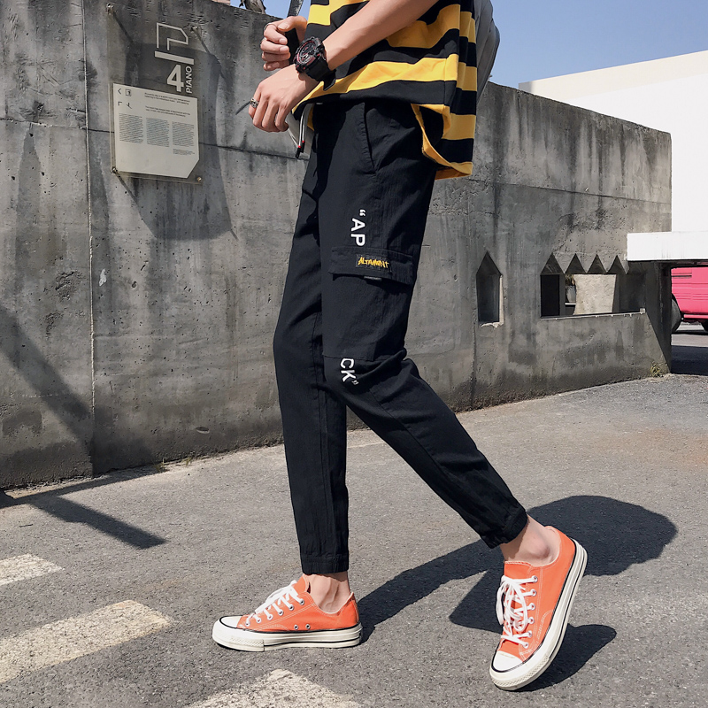 Summer black pants male Korean version trendy 100 hitch foot workout sports Leisure 9 90% Fitted Pants Male Tide Cards