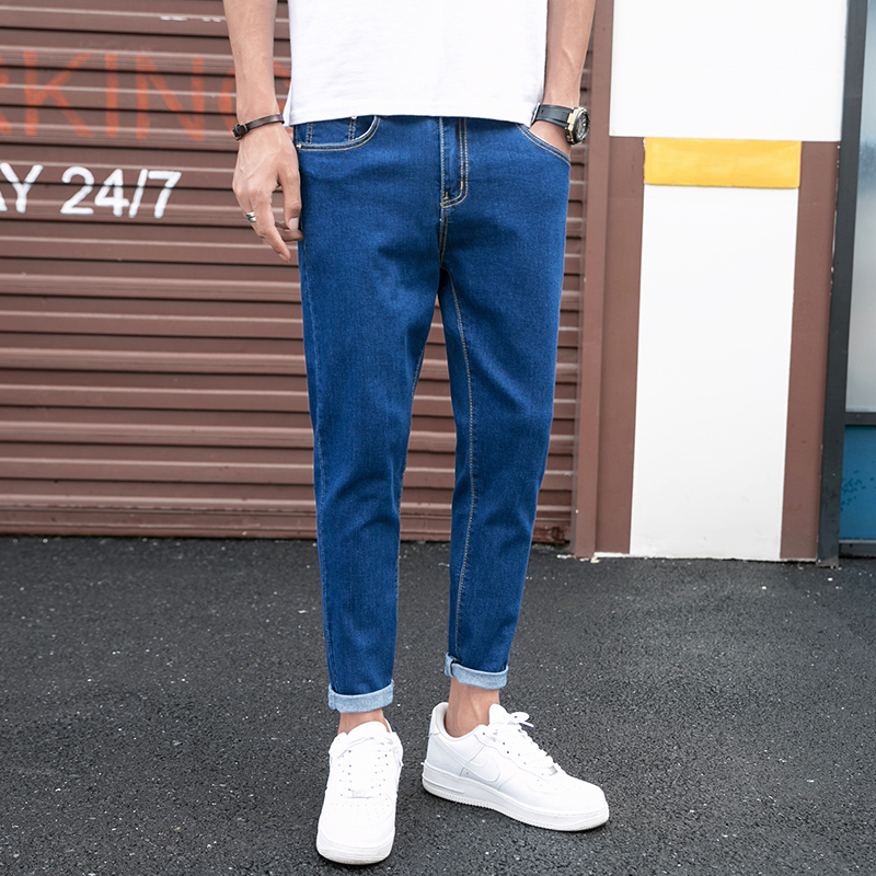 Summer 90% jeans Men's deep blue Chauding with a small foot 100 lapped Korean version Trend casual 9 Pants Men Ins