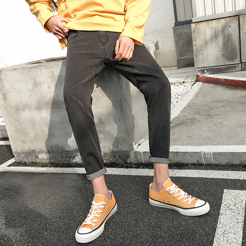 Grey Jeans Male Tide Card 90% Body Small Footed Korean version Trend Student Summer 100 lap tight for 9-minute pants