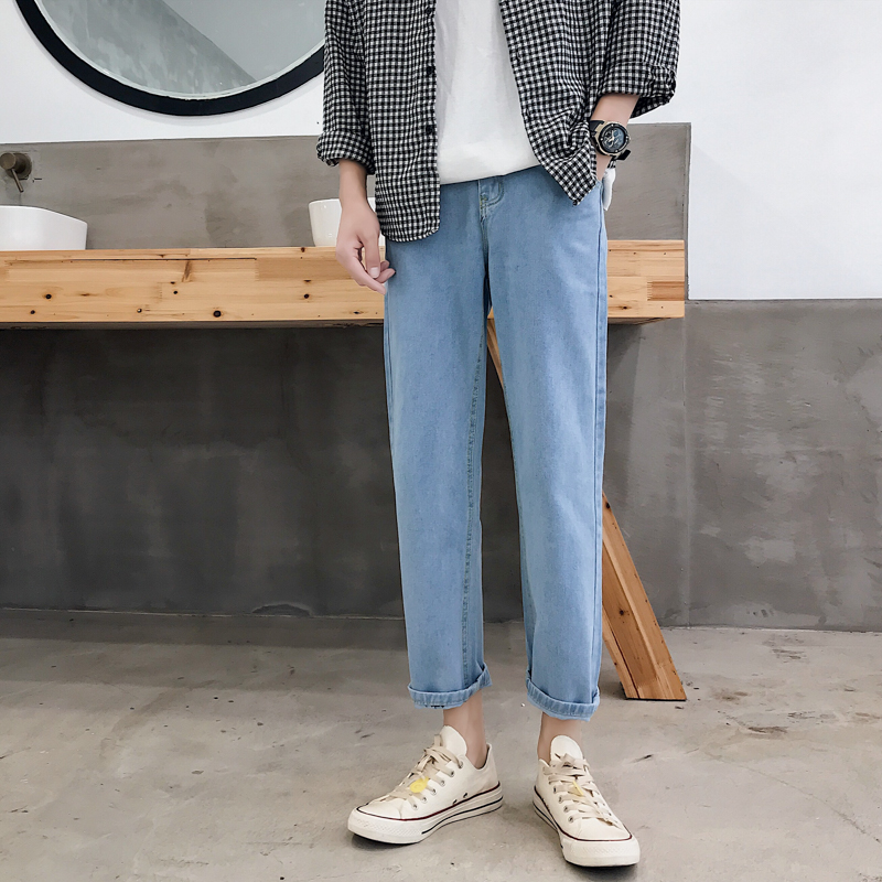 Boy pants light color 90% denim pants male tide cards loose straight cylinder long pants summer Korean version trending wide leg