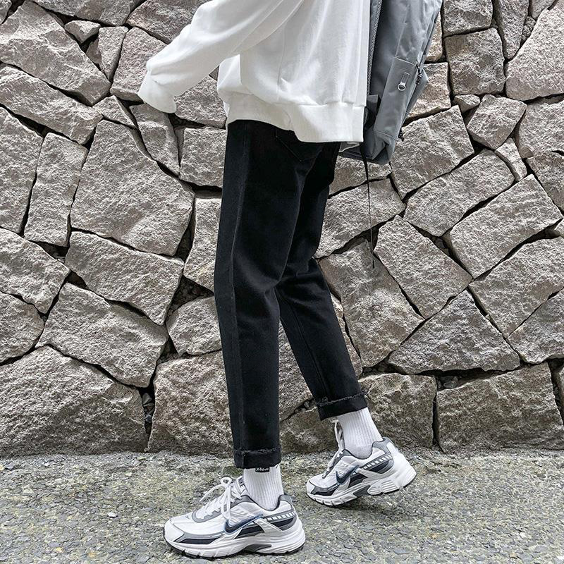 Winter plus velvet net red pants bf style Korean version of the trendy jeans men's teenagers raw edge loose nine-point pants tide brand