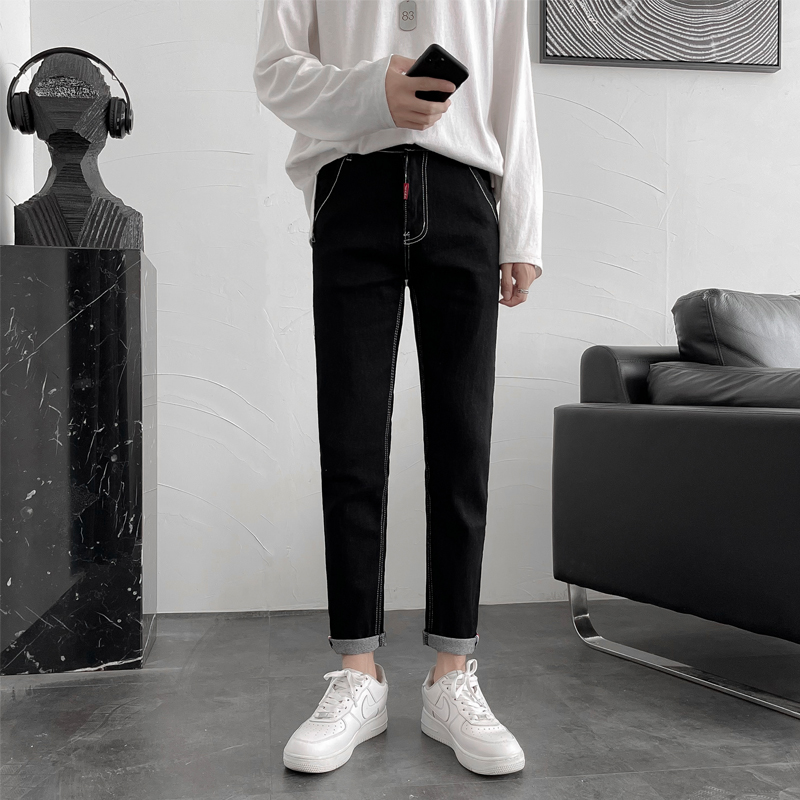 Winter black jeans men's nine points casual Korean version of the trend 9 points slim small feet long pants tide brand