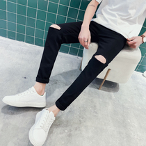 Summer black word knee hole jeans mens trend Korean version slim beggar feet nine-point pants