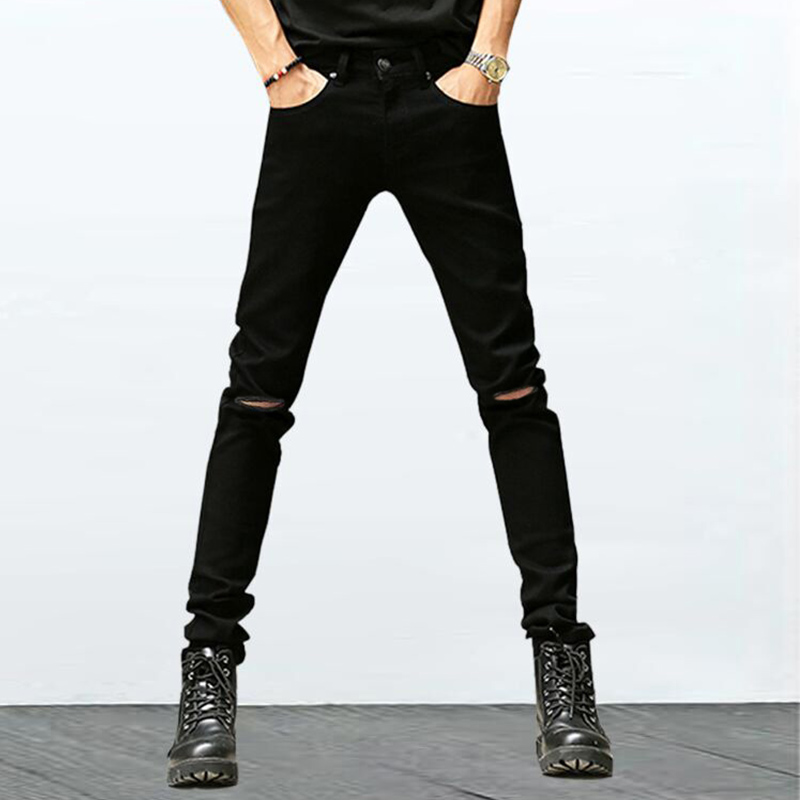 Youth Black Jeans Men's Small Feet Slim Trend Korean Version Stretch Thin Knee One Word Ripped Washed Trousers