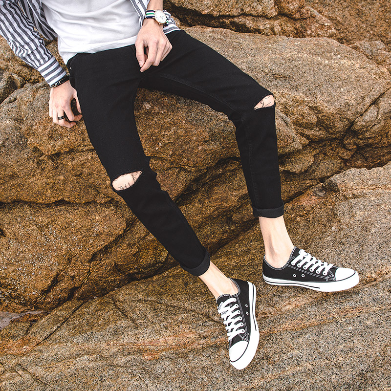Black knee one word hole 9 points boys jeans ninth pants trend Korean version of the slim men's beggar pants