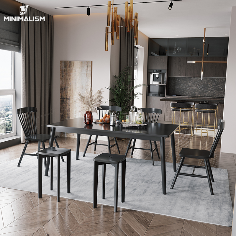 Black Table Light Luxury Furniture Upscale Nordic Style Villa Piano Baking Lacquered Dining Table And Chairs Rectangular One Table Six Chairs