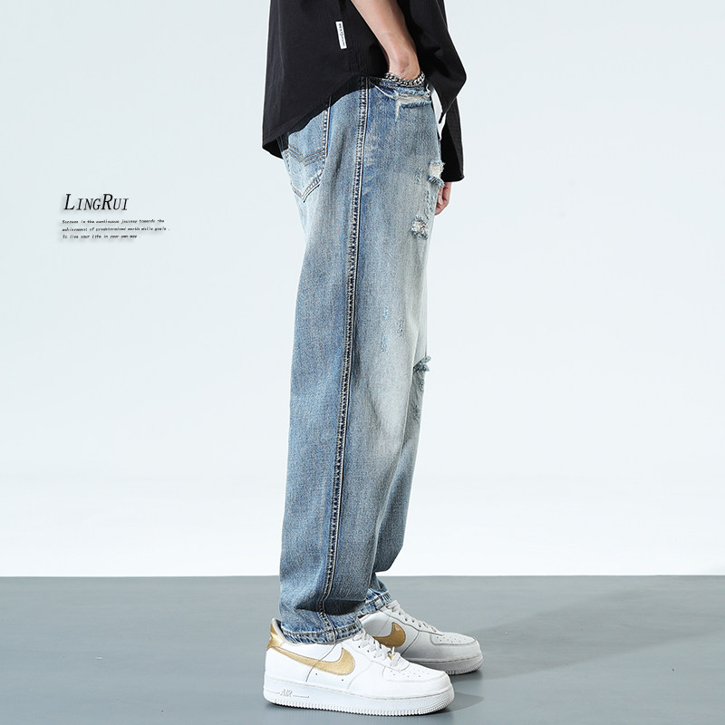 Summer Break Hole jeans Men's loose large size Harlan pants trendy casual American retro washed straight tube long pants