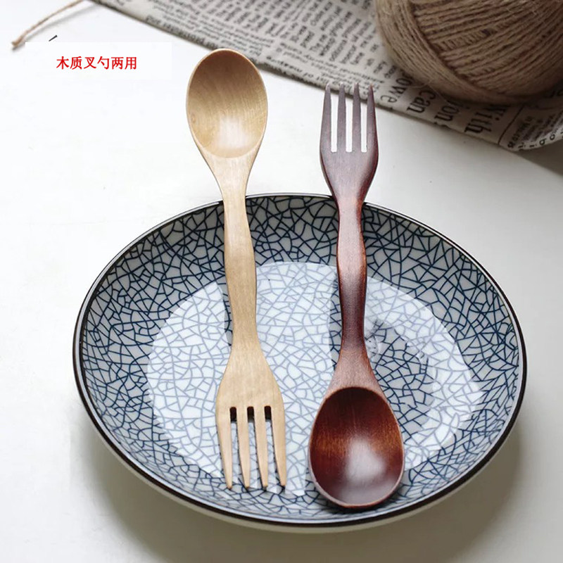 Net red wood small spoon spoon spoon soup porridge spoon household dessert fork fruit fork stick children fork spoon one Japanese style