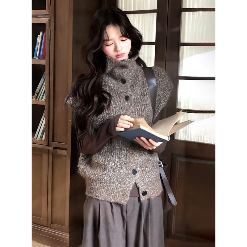 Casual Style Coffee-Colored High-Neck Mohair Knitted Vest for Women, Autumn and Winter Layering Sweater Cardigan Sleeveless Vest
