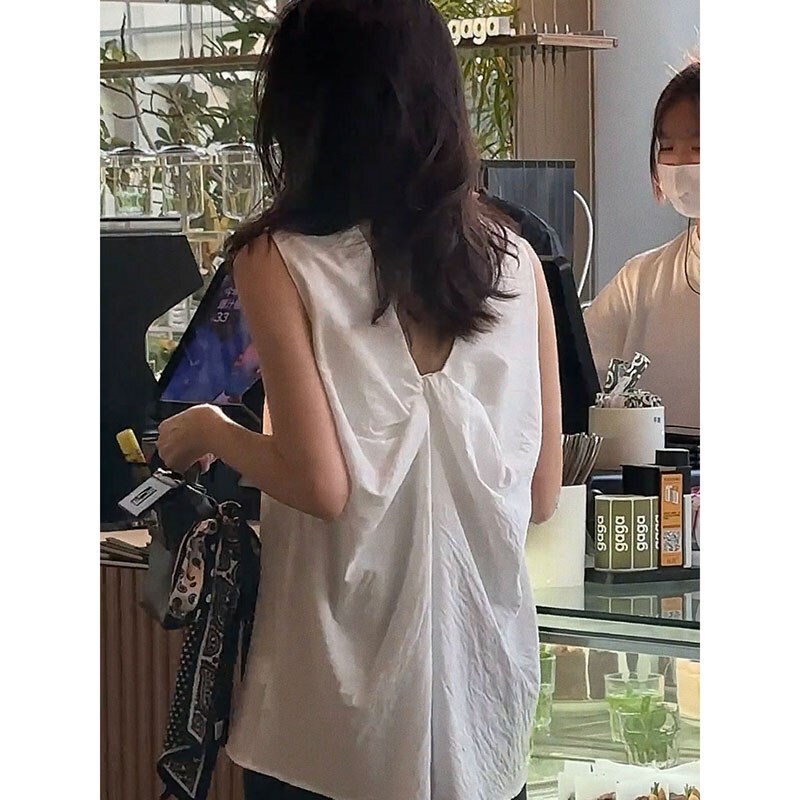 Loose Old Money Style White Camisole Linen Shirt for Women, V-Neck Backless Babydoll Sleeveless Top for Summer