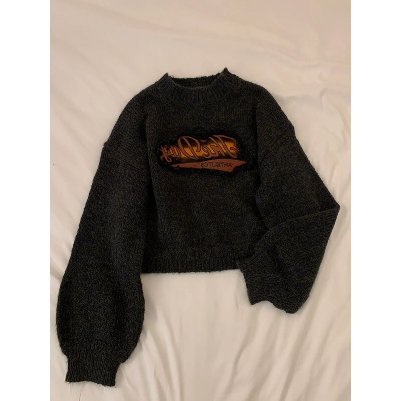 American Retro Lazy Style Black Letter Raccoon Fur Sweater for Women, Autumn and Winter Soft and Cozy Design Pullover Knit Top