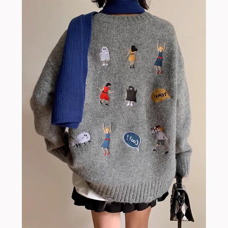 Soft and Unique Design, Niche Cartoon Embroidery, Gray Sweater for Women, Thickened, Loose, Lazy Style, Mid-Length Knitwear for Autumn and Winter Soft and Unique Design, Niche Cartoon Embroidery, Gray Sweater for Women, Thickened, Loose, Lazy Style, Mid-Length Knitwear for Autumn and Winter