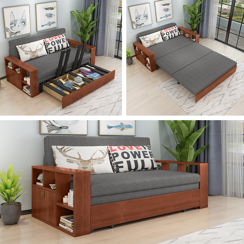 Nordic full solid wood sofa bed push-pull sitting-bed dual-use pull-out foldable double multi-functional living room small apartment