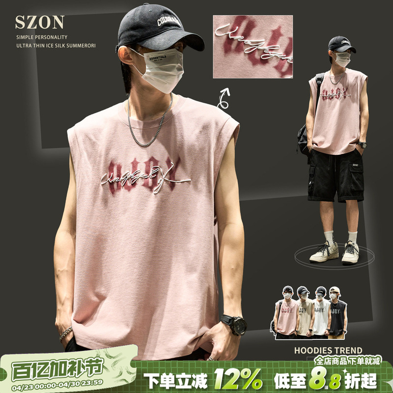 American Style Vest for Men, Summer Loose Fit, Cool and Stylish, Pure Cotton Sports Trendy Brand, ins Foam Print Couple Sleeveless T-Shirt