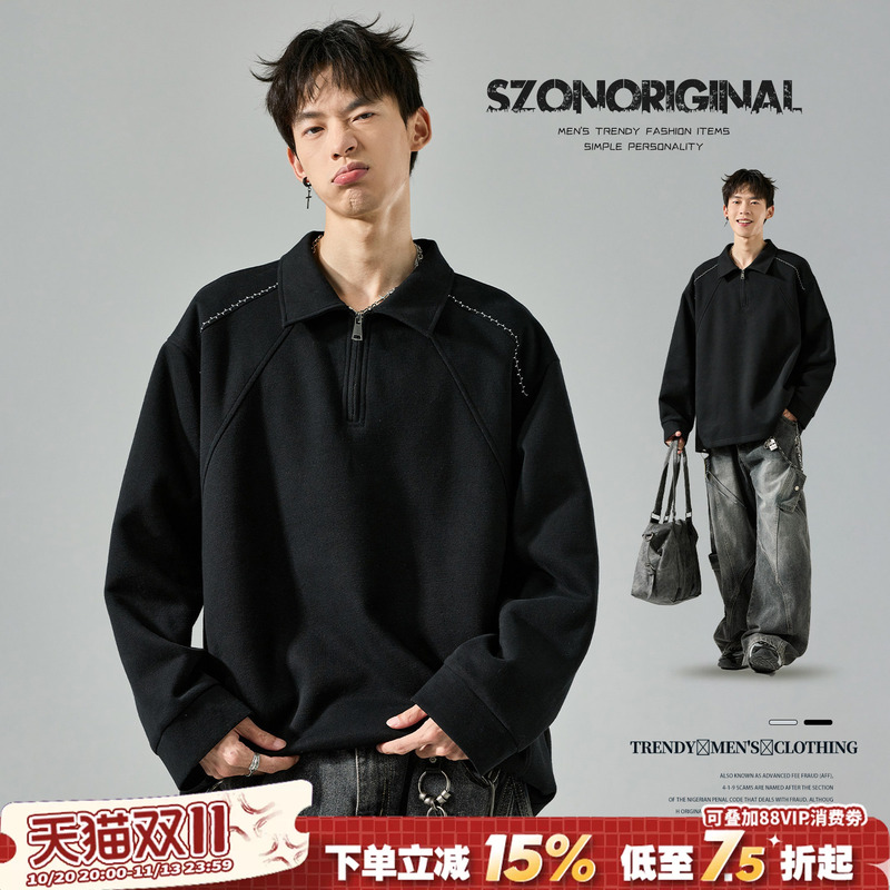 Men's Sweatshirt, Autumn American Style, Deconstructed Segmented Long-Sleeve Polo Shirt, Half-Zip, Turn-Down Collar, Loose Casual Trendy Brand Top