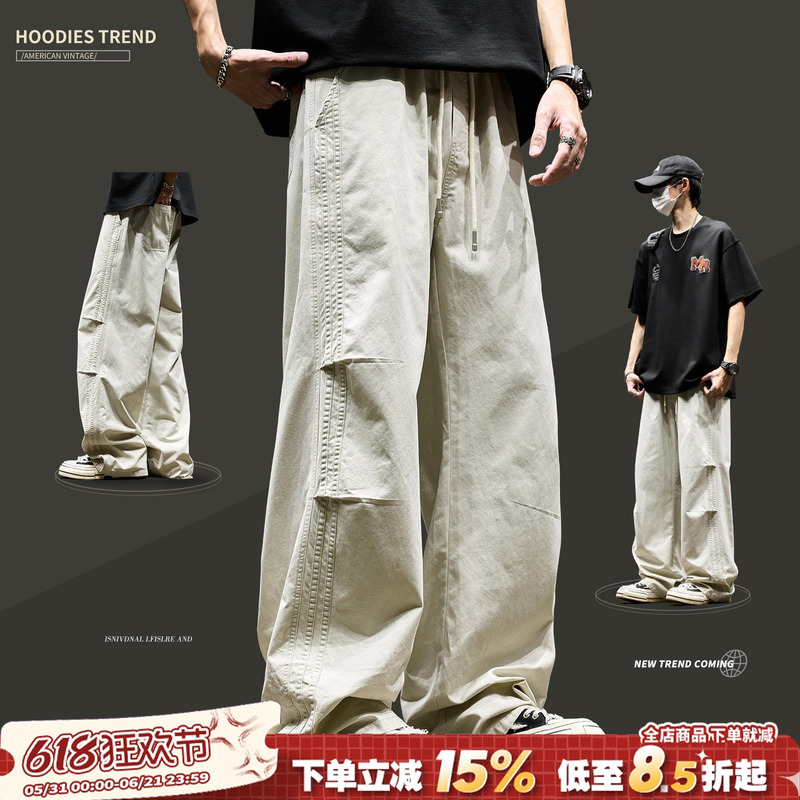 Men's Summer Trendy Cargo Pants with Side Stripes, Straight-Leg Scimitar Pants, American Style, Pure Cotton Casual Wide-Leg Pants for Teenagers Men's Summer Trendy Cargo Pants with Side Stripes, Straight-Leg Scimitar Pants, American Style, Pure Cotton Casual Wide-Leg Pants for Teenagers
