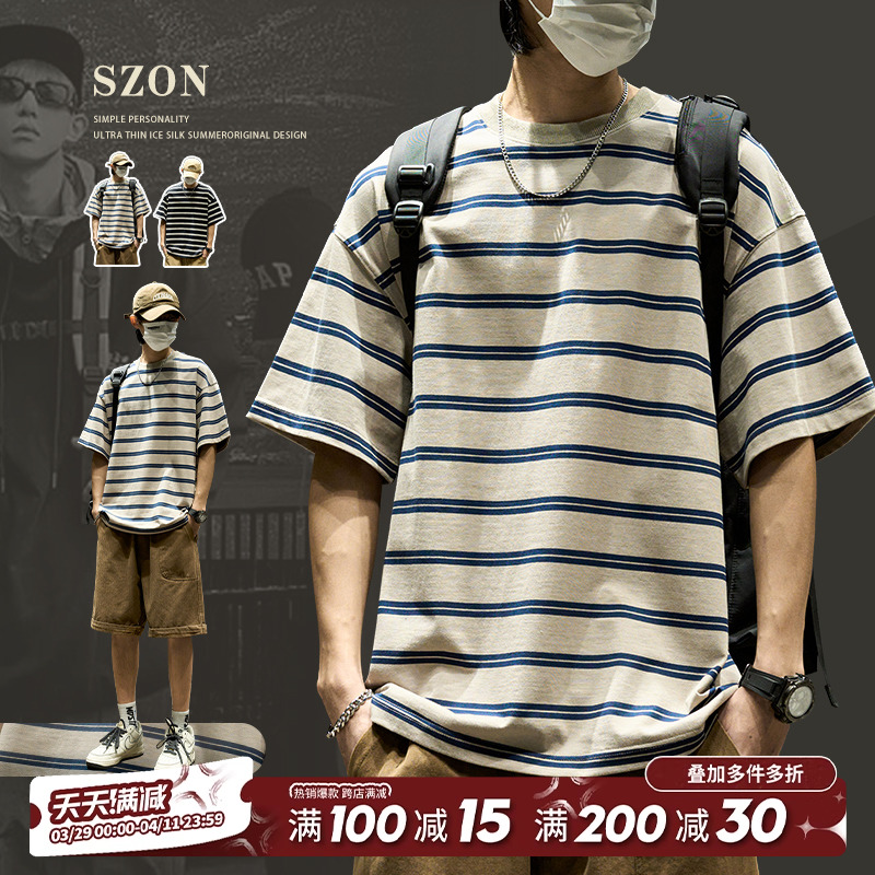 ストライプTシャツメンズ2025新しいアメリカのトレンドブランド純綿ラウンドネック半袖ゆったりカジュアル香港スタイル半袖ins夏