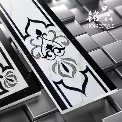 Living room with new 150x800 stone line at the tile corridor imitation waterjet gold-plated 15cm walking wave wire