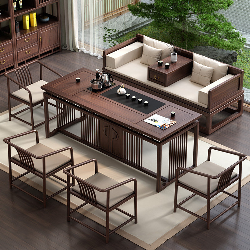 Black Walnuts Tea Table And Chairs Combine New Chinese Solid Wood Furniture Zen Yutia Tea Room Tea Room Bubble Tea Table Brief Modern