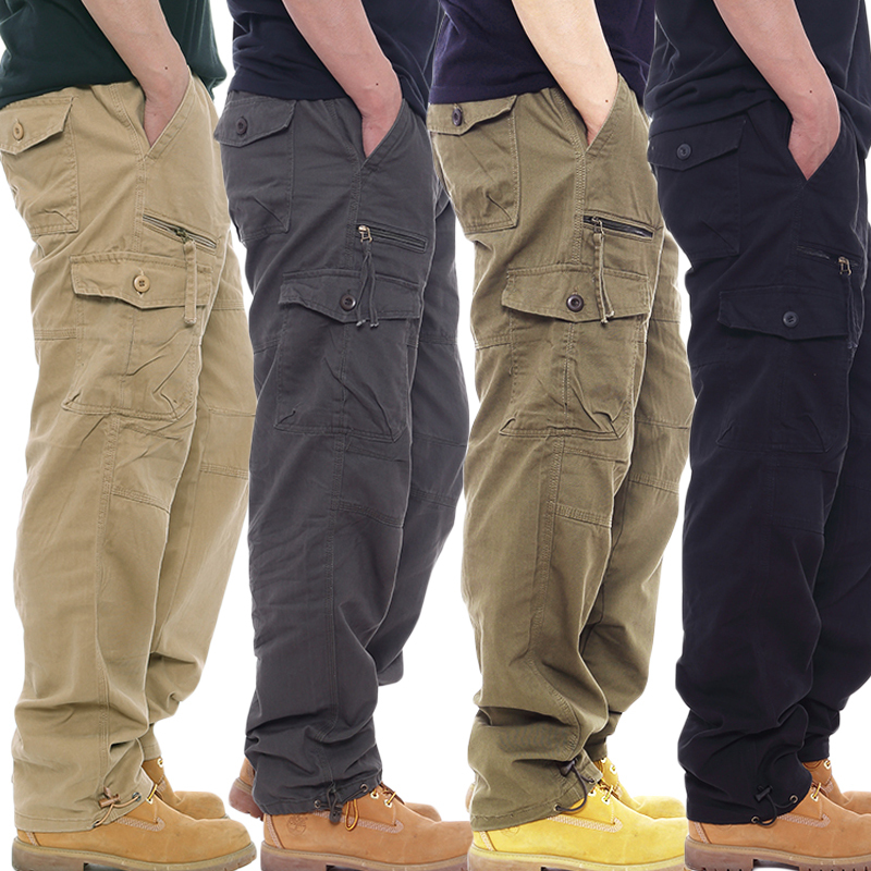 Men's Pure Cotton Cargo Pants, Trendy Casual Jogger Pants, Elastic Waist Long Pants, Multi-Pocket Loose High-Waisted Pants, Plus Size