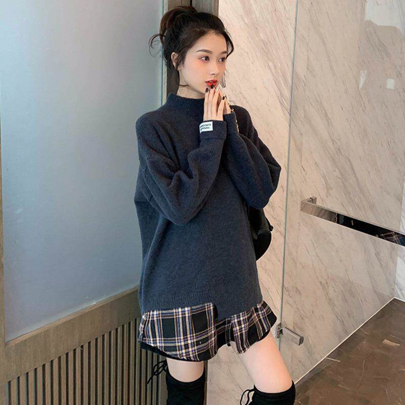 Fake two-piece pullover sweater women's spring and Autumn new lazy wind loose semi-turtleneck knitted women's base shirt to wear outside