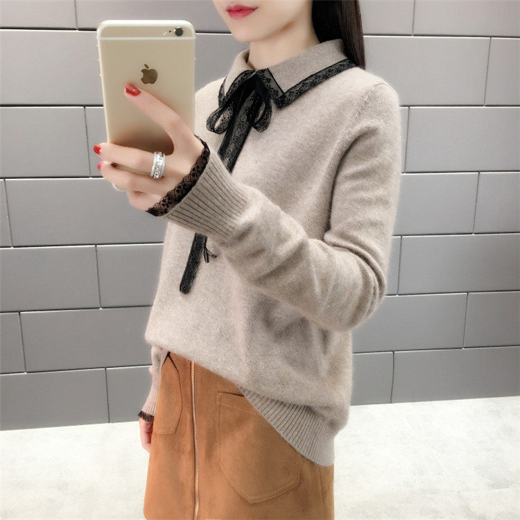 Lace bow knitted base sweater women's autumn and winter new college style women's wool square collar slim pullover sweater