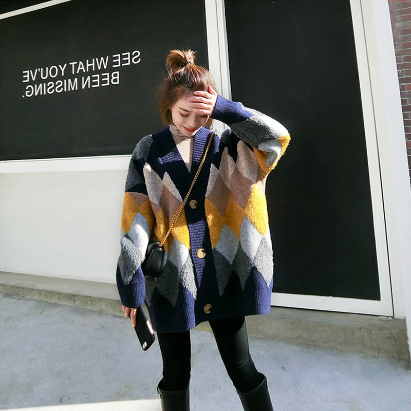 Broken Yard clear cabin bat sleeve needle cardiovert cardio-hoodie women's spring and autumn Korean version loose with long and lazy sweater jacket thick-Taobao