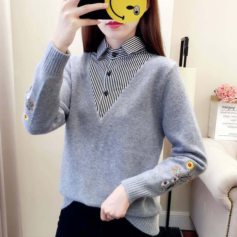 Two shirt - collar - headed sweater woman in spring 2023 new wool - air long sleeve - loose knit blouse
