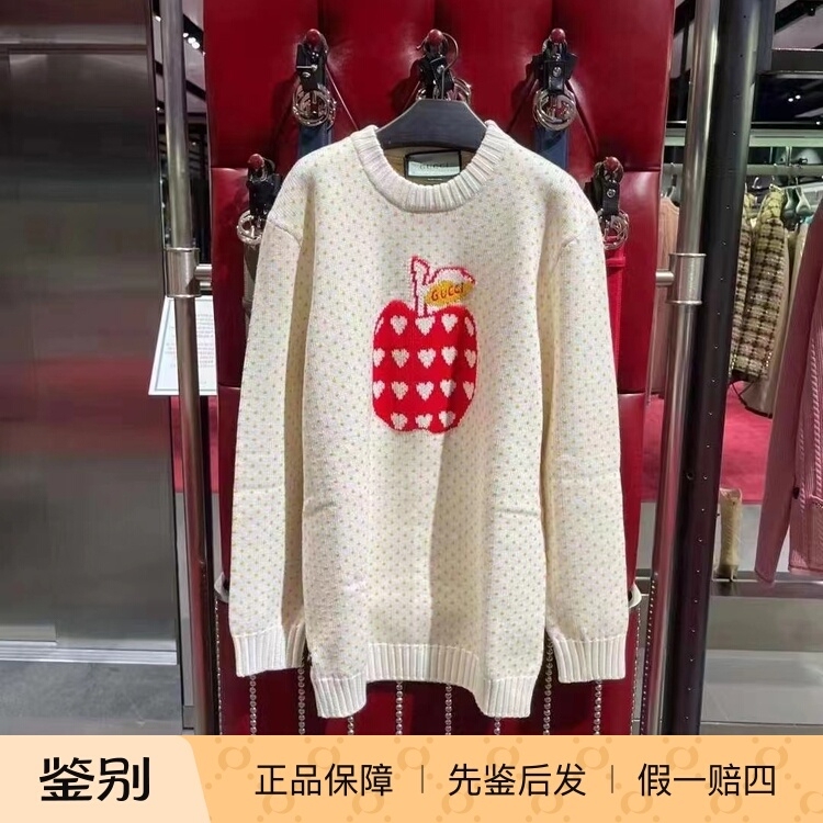 0202 In-Stock Gucci Women's Cartoon Apple Embroidered Pullover Knitted Wool Sweater Long Sleeve