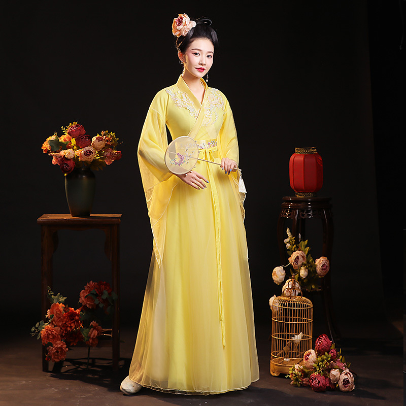 Ancient-Style Women's Improved Hanfu Yellow Fairy-Like Flowing and Fresh Elegant Ancient-Style Large Wide-Sleeve Dance Performance Costume
