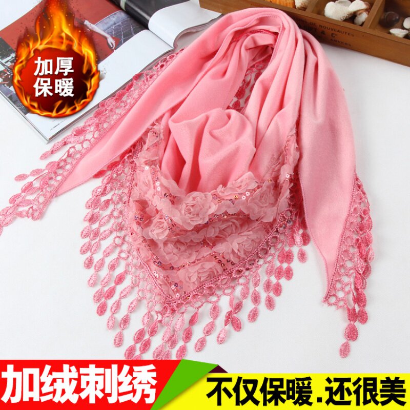 Autumn Winter Scarves women's thin section Triangular Scarf Women Plush Embroidered Flowers Care Neck scarf Women's Korean version 100 Lap Scarves