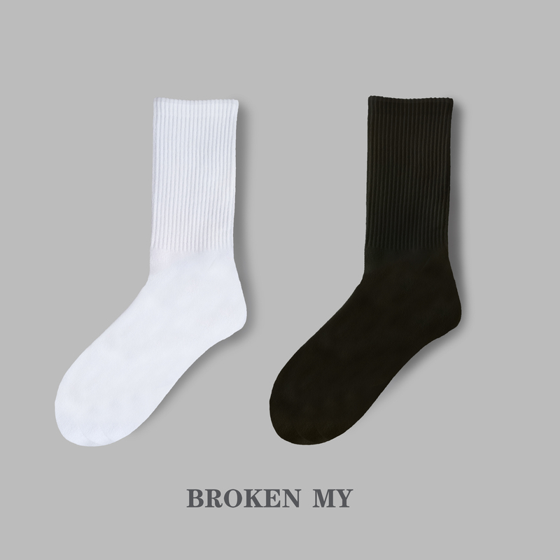 Broken4 Double Pack Spring/Summer Long White Socks Men's Black Socks All-Season Pure Cotton Sports Socks Mid-Calf High-Calf ins Solid Color Socks