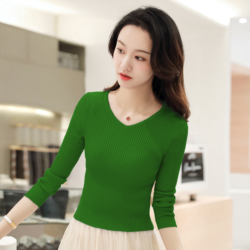 Women's Fashion Knit Sweater Versatile Inner Layer Top New Green Stylish Spring and Autumn Petite Top