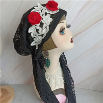 Original Design Pop Ethnic Style New Hollow Lace Embroidery Flowers Contrast Color Versatile Head Scarf Streamer Hat